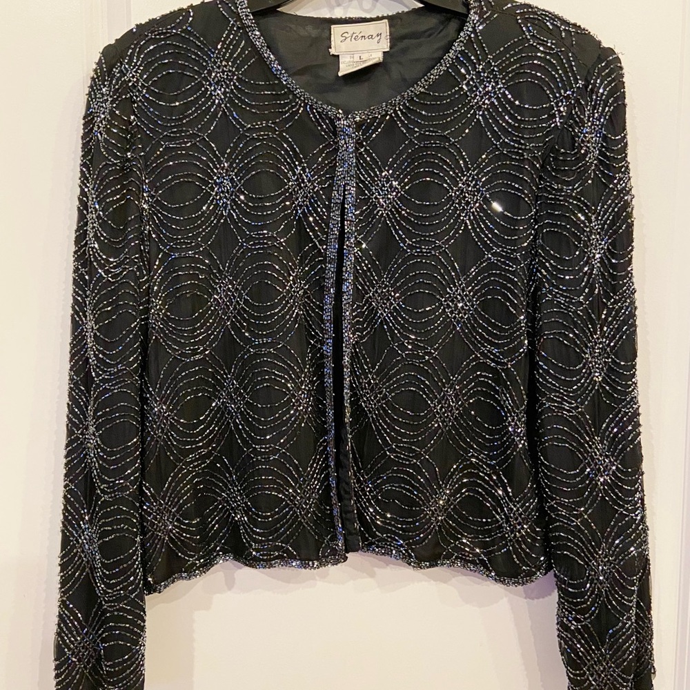 Vintage Stenay Black Jacket with Silver Beading Large Womens Silk Womens Large
